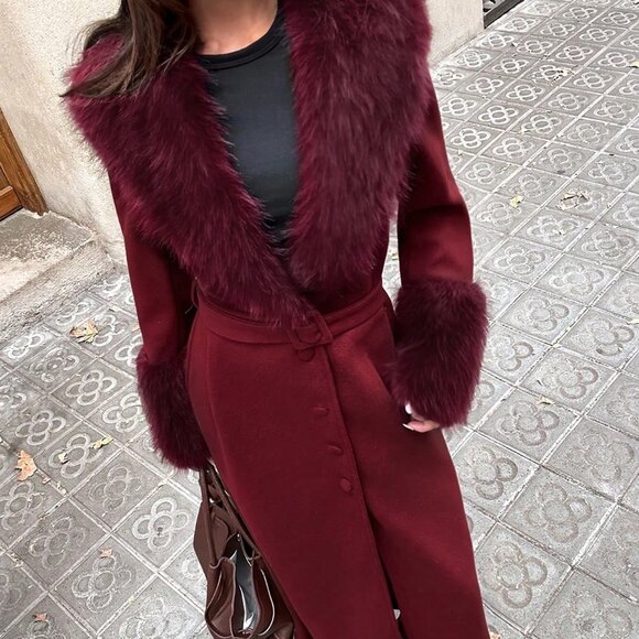 Burgundy Elegant Women's Faux Fur Collar Design Long Belted Coat - Picture 5 of 7